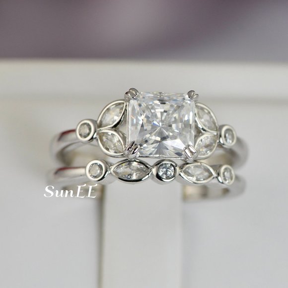 14k WHITE GOLD 925 STERLING SILVER PRINCESS CUT WEDDING BAND ENGAGEMENT RING - Picture 2 of 11